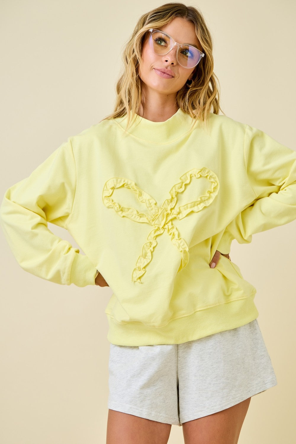 Day + Moon Oversized Mock Neck  W/ Ruffle Trim Bow Sweatshirt day & moon