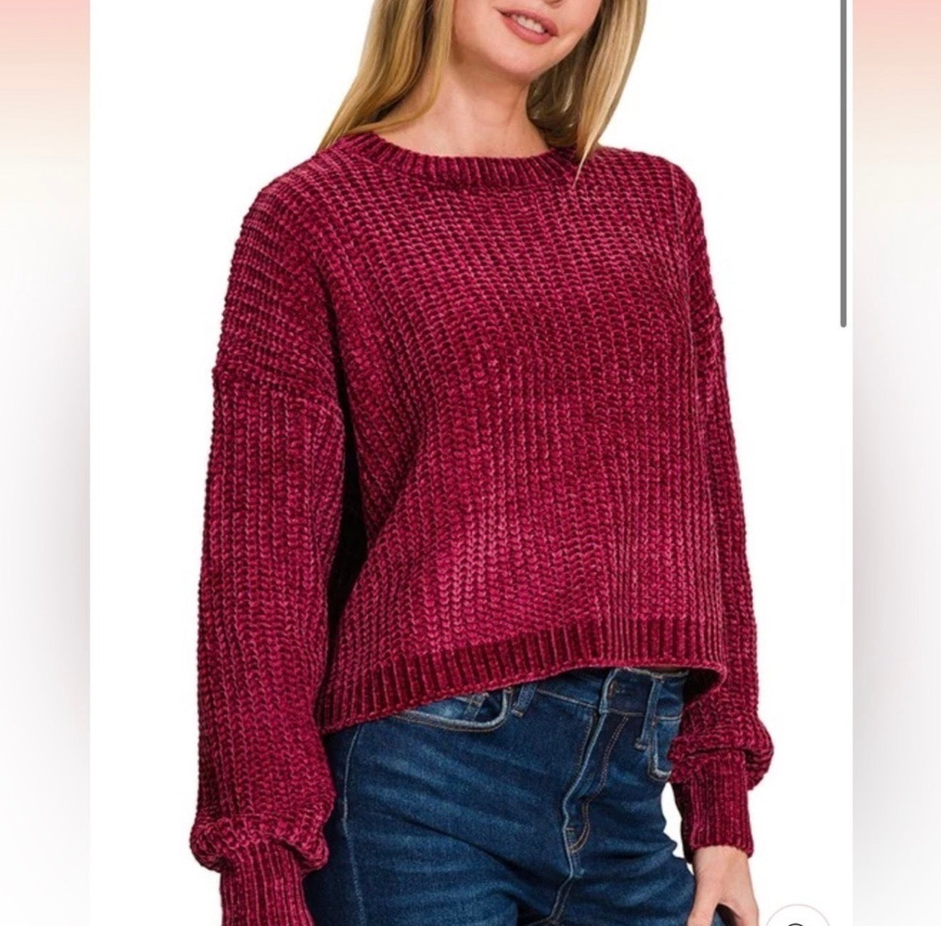 ZENANA CHENILLE ROUND NECK CROP SWEATER zenana