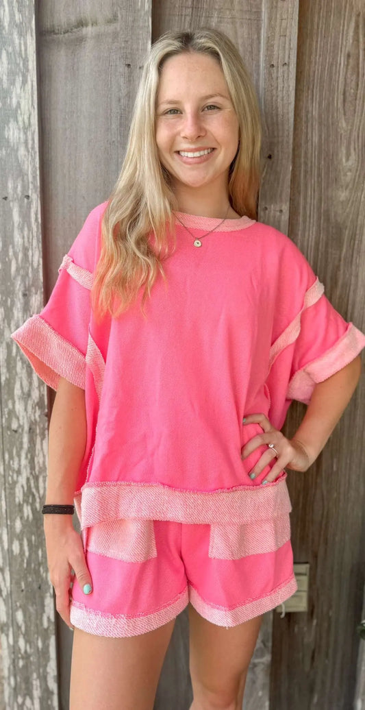 Oversize Banded Top and LoopTerry Pocket Short Set- Fuchsia J Her Inc