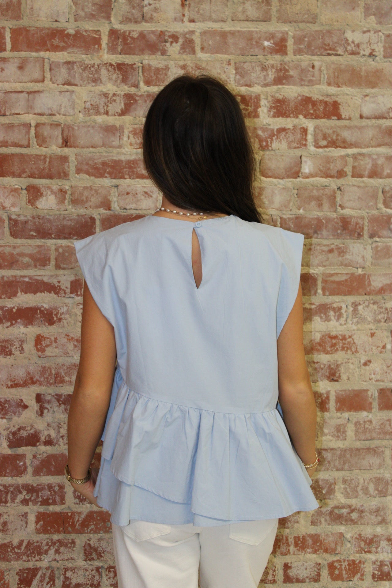 &MERCI SKY BLUE RUFFLED PEPLUM HEM TOP &MERCI