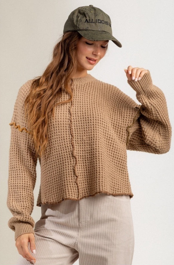 Very J Stitch Detail Casual Round Neck  Sweater VERY J