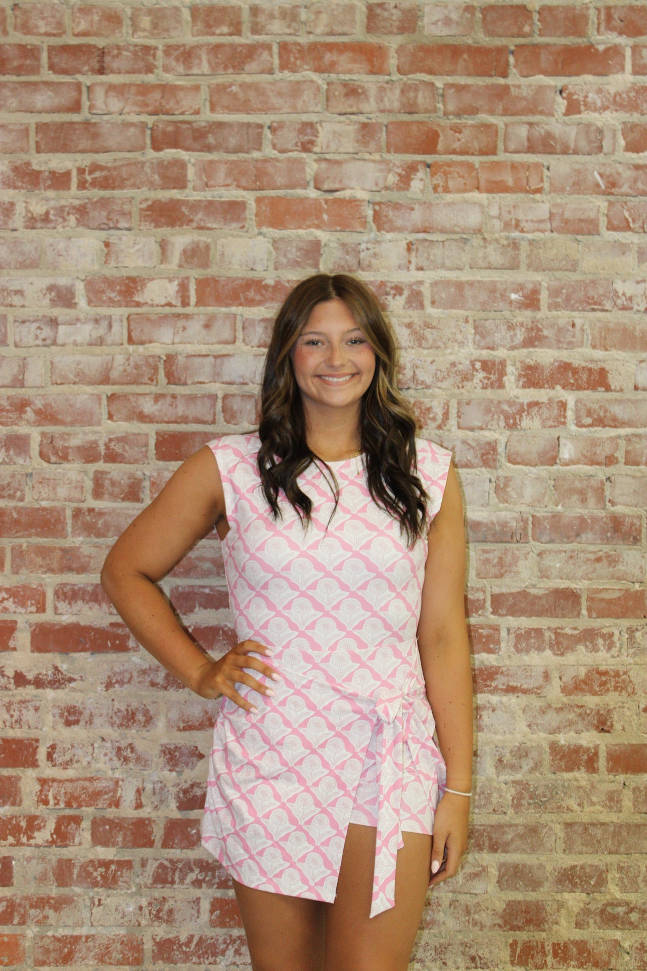 TCEC Pink Warp Printed Front Side Tie Detail Mini Dress TCEC