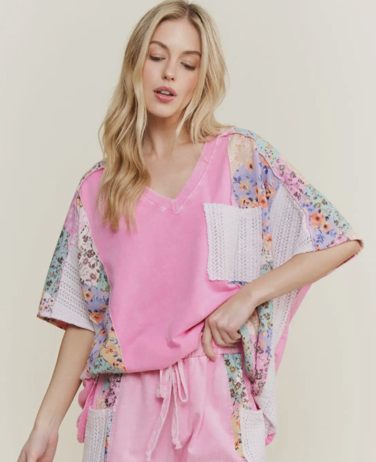 J.Her Bubblegum Mineral Washed  Flower print Crochet pocket Vneck top J.Her