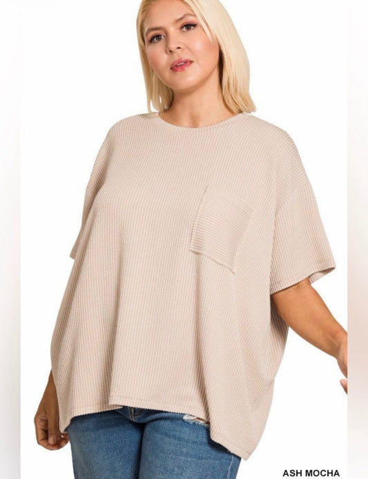 Plus Size Raised Rib Short Sleeve Front Pocket Top Zenana