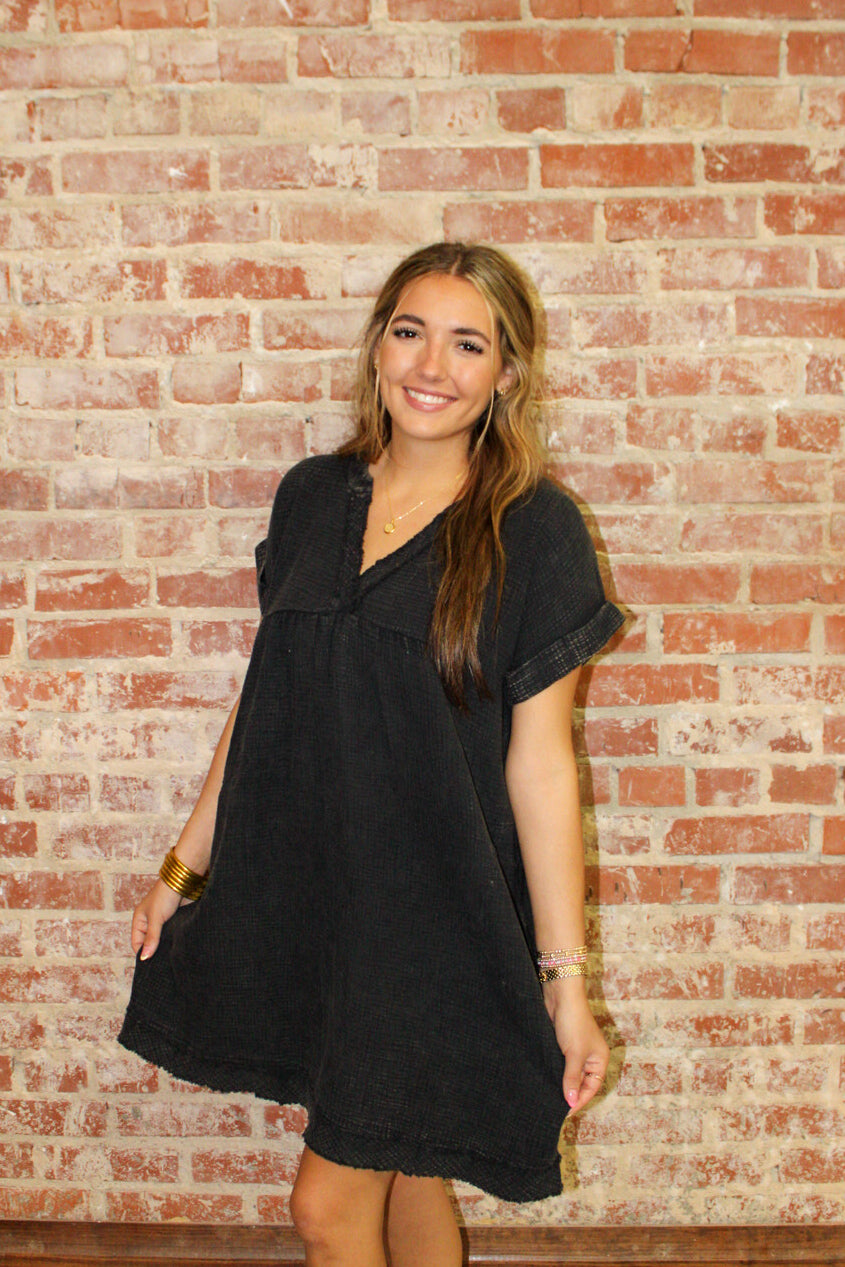 Zenana Washed Double Gauze Raw Edge V-neck Dress Zenana