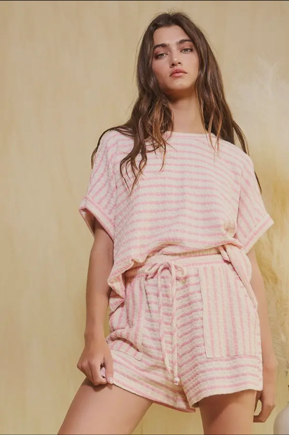 Bucketlist Pink Striped Print Textured  Dolman Sleeve Top With Drawstring Waist Shorts BUCKETLIST