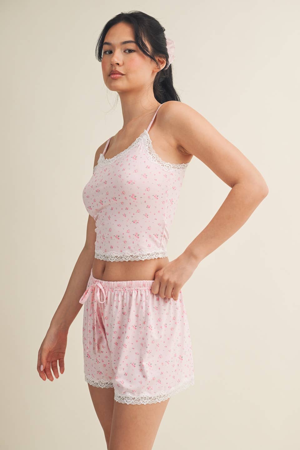 KIMBERLY C Pink Ditsy Print Cami Top And Shorts with Scalloped Edge Lace Trim KIMBERLY C
