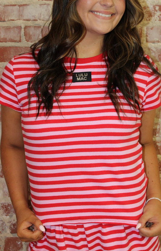 Lulu Mac Red With Pink Stripe  Baby Doll Short Sleeve Top Girlie Girl Originals