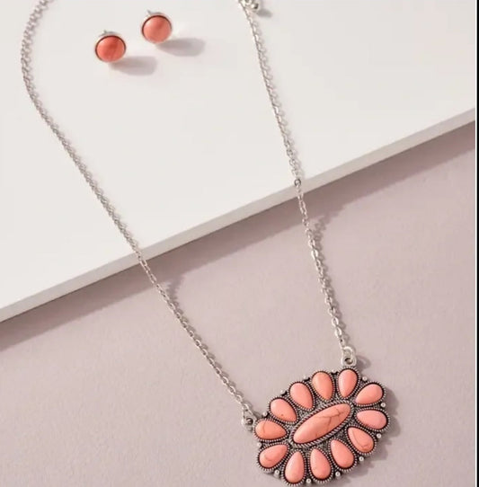 Pink Western Natural Stones Pendant Necklace and Earrings Set My Store