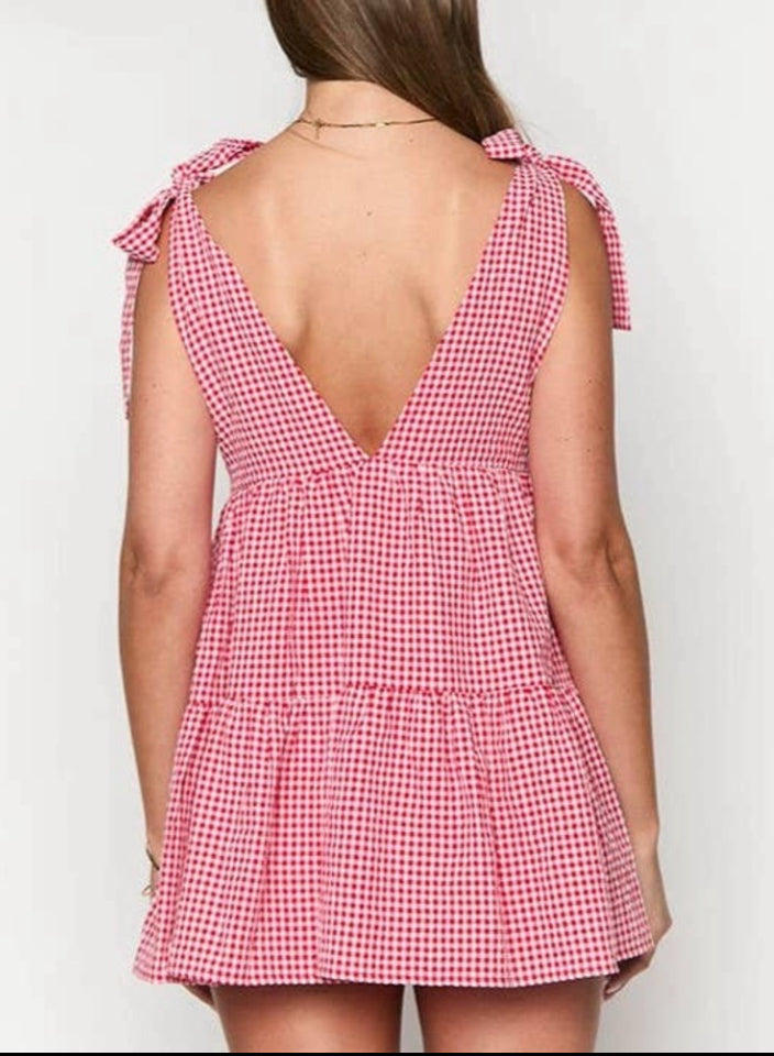 Red Plaid Bow-Strap V-Neck Ruffled Mini Dress Rosa Clothing
