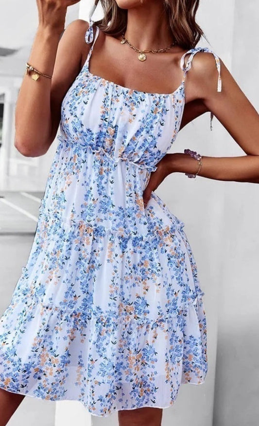Shoulder Tied Tiered Floral Print Mini Dress NINEXIS