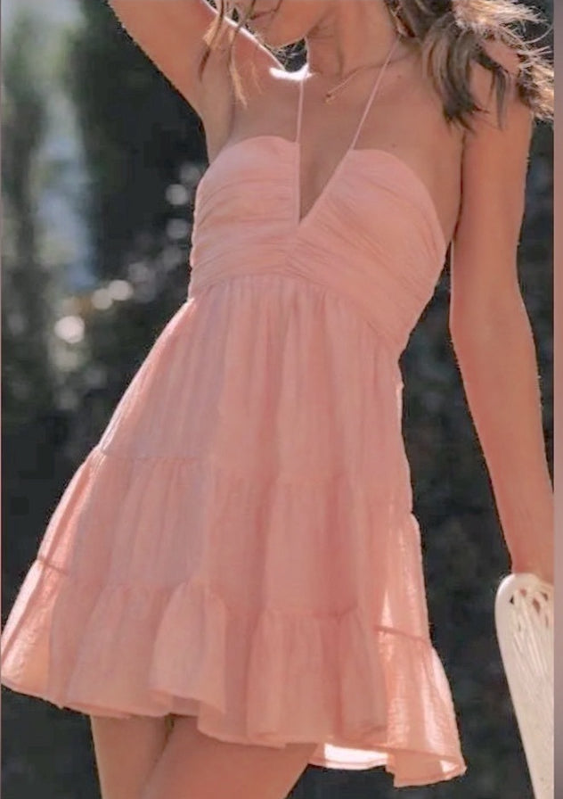 Solid Halter Plunge Ruched Swing Mini Dress Rosa Clothing