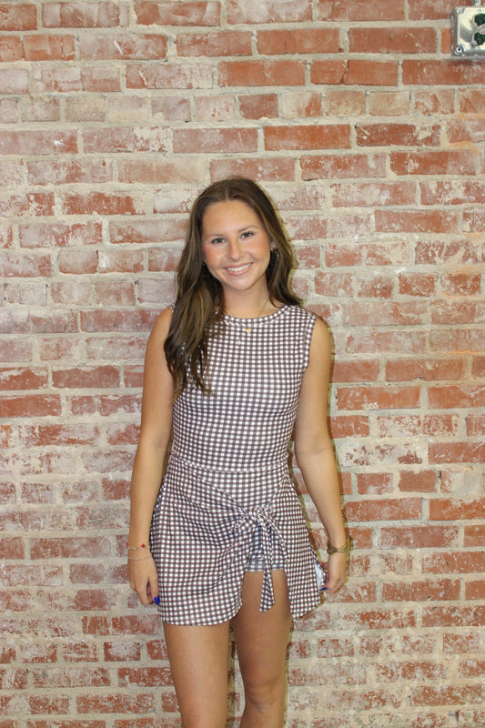 KIMBERLY C Brown Gingham Gingham Print Sleeveless Wrap Tie Front Dress KIMBERLY C