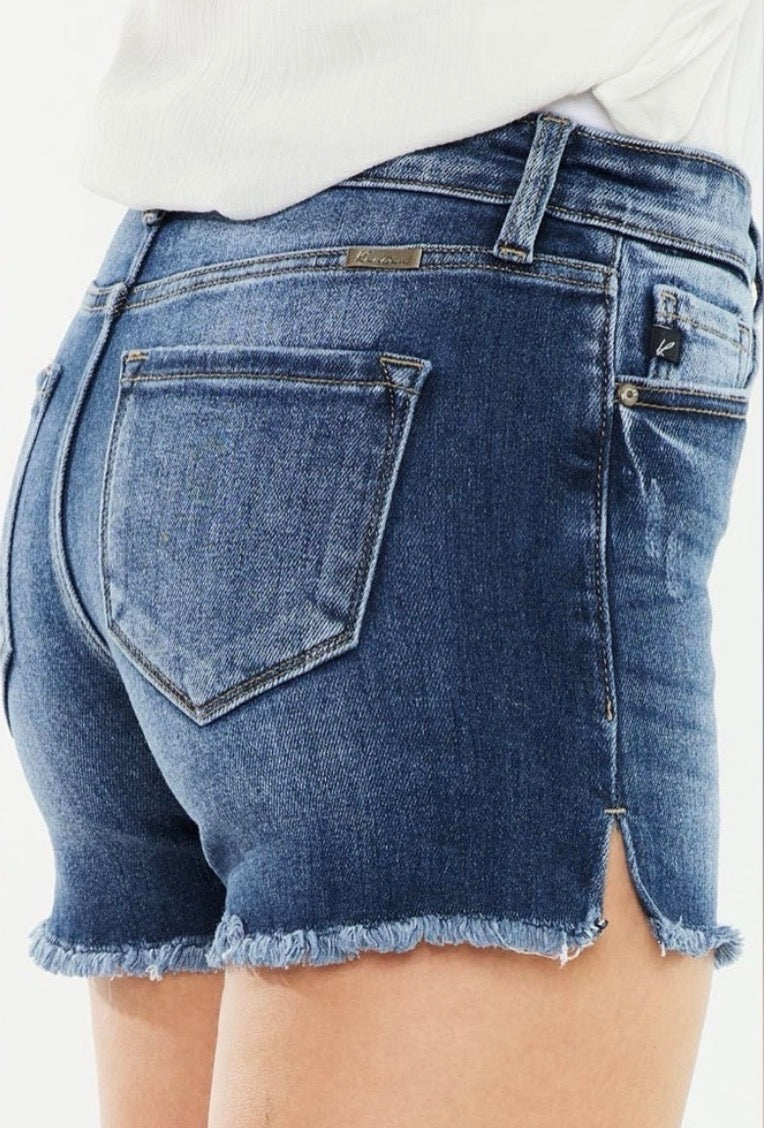 Kan Can DARK HIGH RISE FRAYED HEM DENIM SHORTS Kan Can USA
