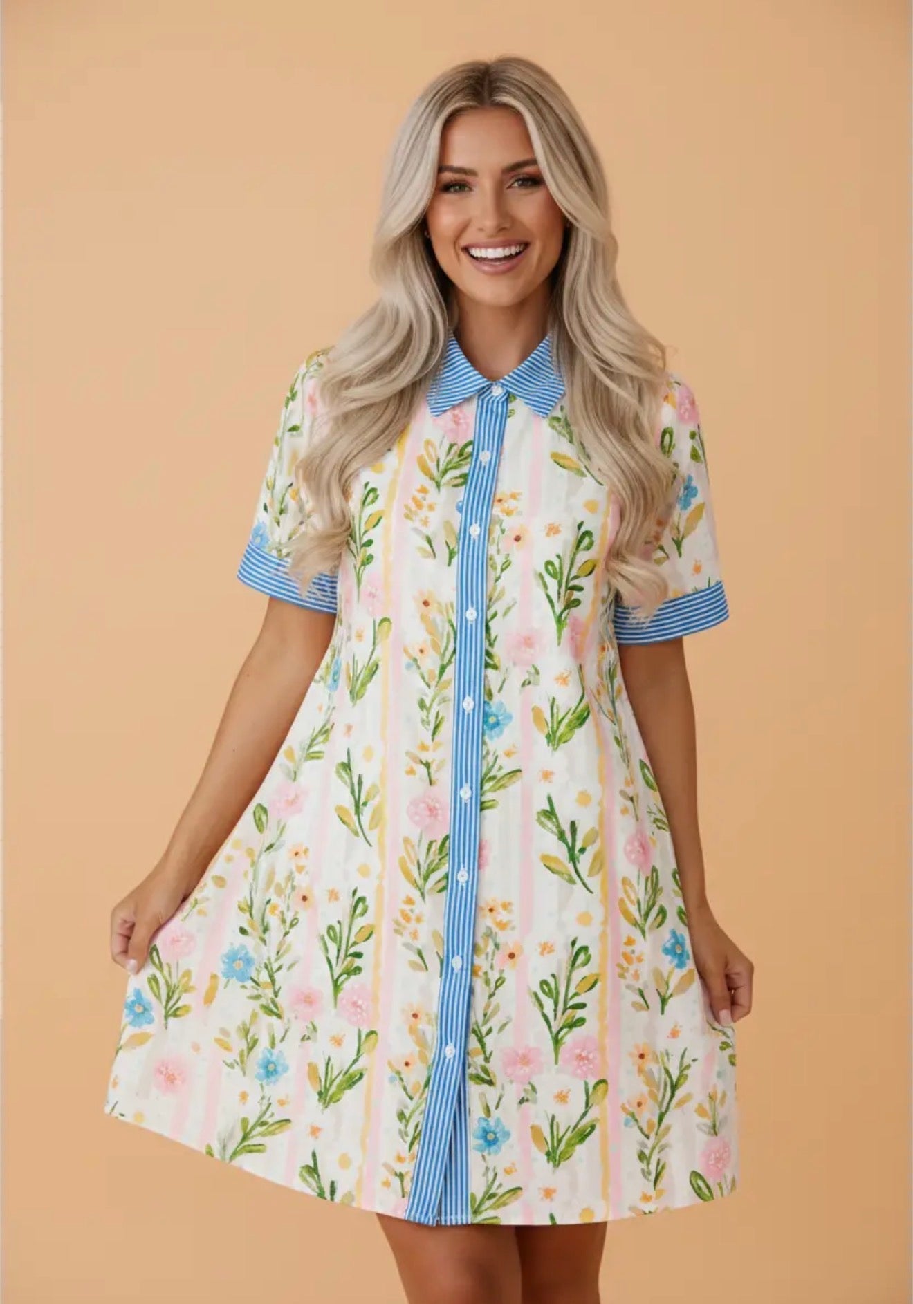 Pretty Bash Multicolour Floral Stripe Trim Button Down Dress PRETTY BASH