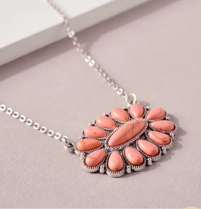 Pink Western Natural Stones Pendant Necklace and Earrings Set My Store