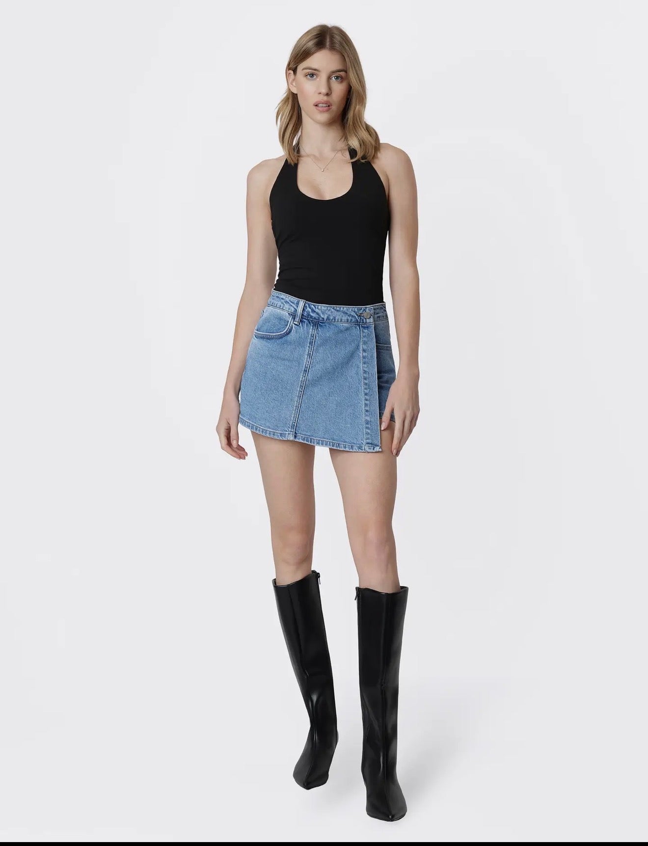 VERVET by Flying Monkey Lavishly High Rise Medium Wash Denim Wrap Skort: VERVET by FLYING MONKEY