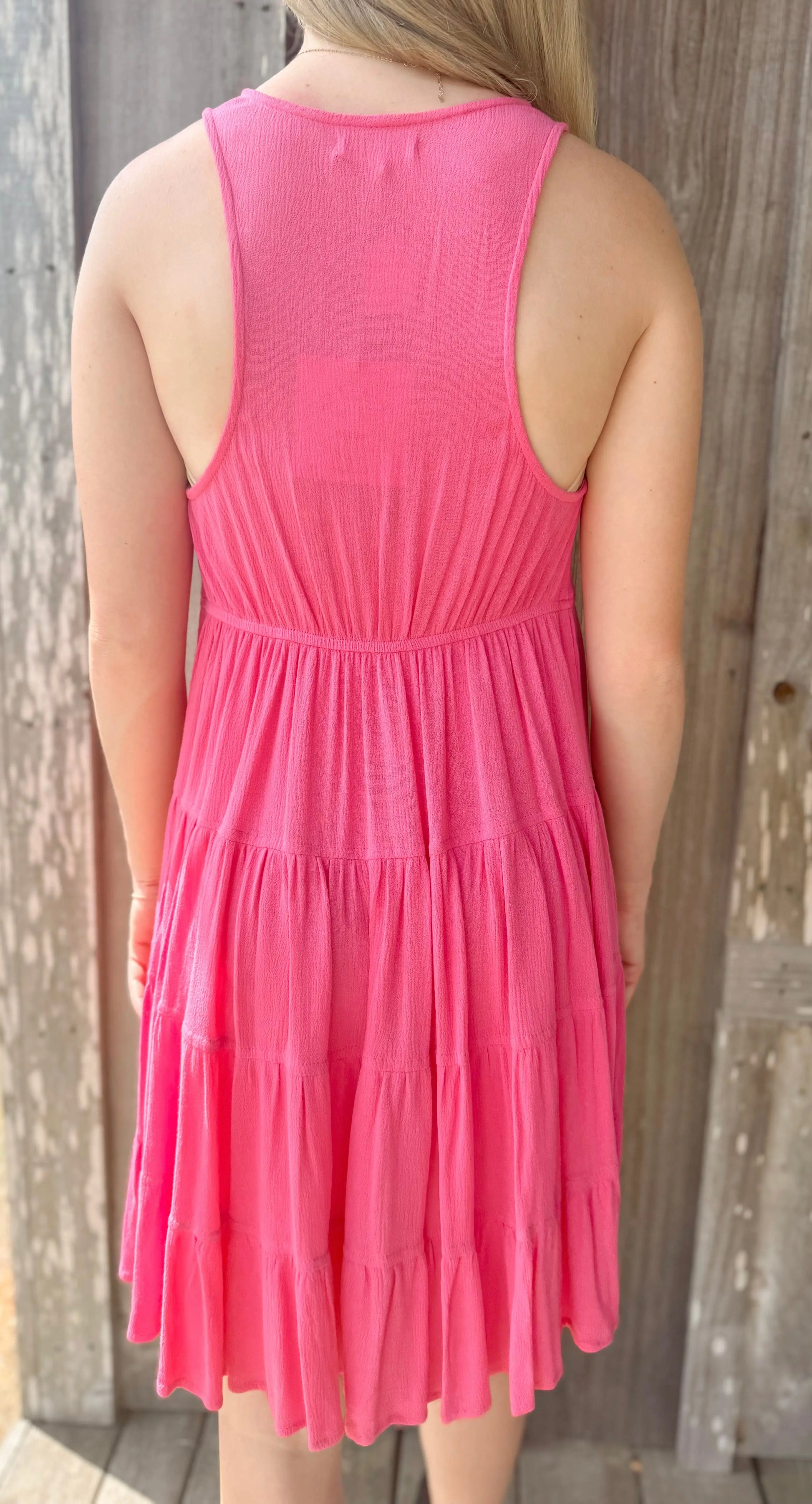 Pink Sleeveless Button Up Tiered V Neck Mini Dress BAEVELY