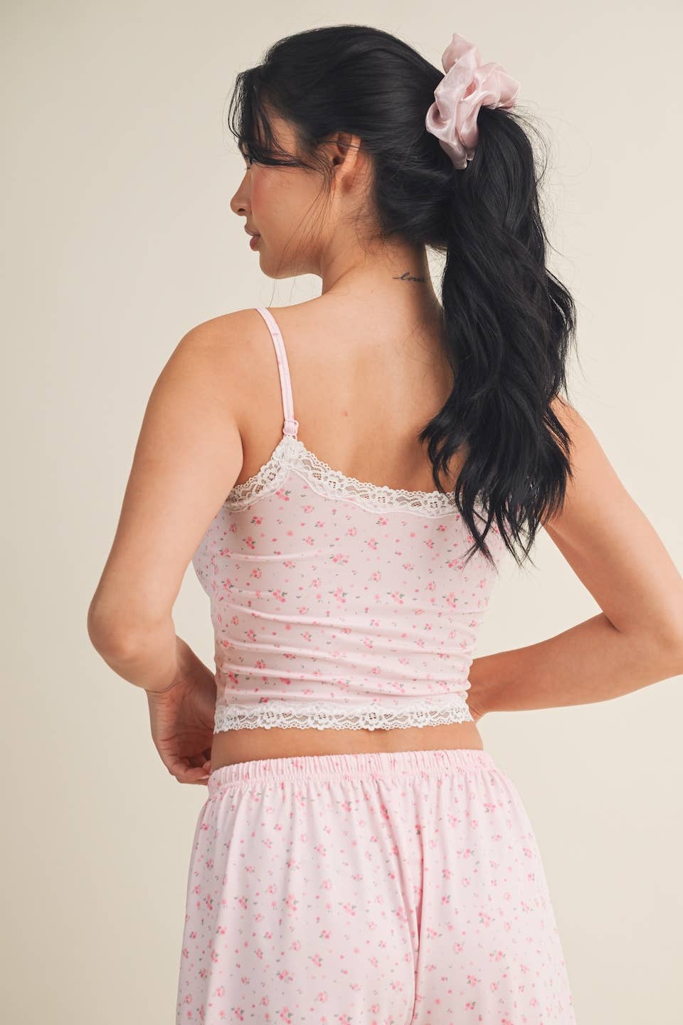 KIMBERLY C Pink Ditsy Print Cami Top And Shorts with Scalloped Edge Lace Trim KIMBERLY C