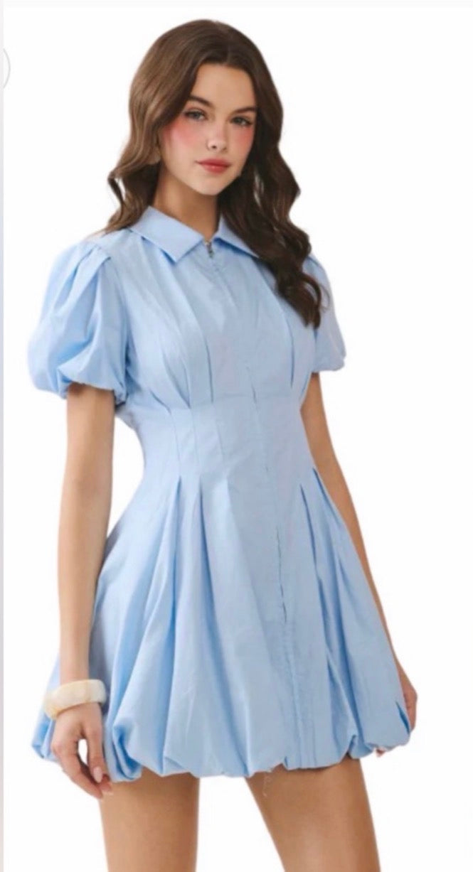 TCEC Baby Blue Fit and Flare Zipper Front Bubble Sleeves Dress TCEC