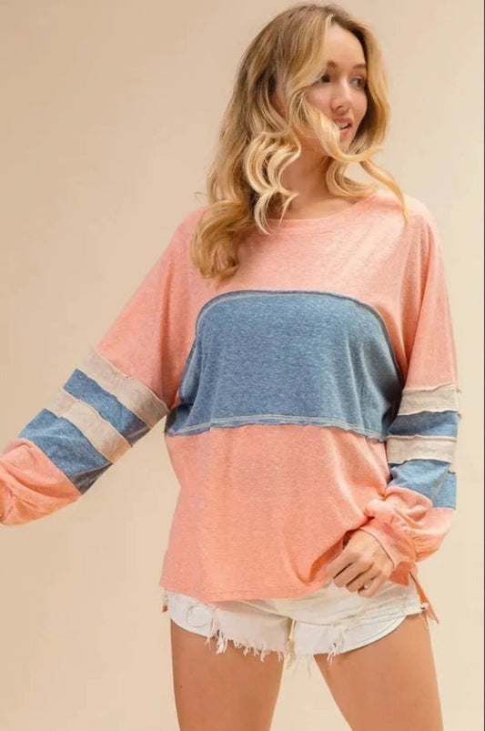 TRIBLEND COLOR BLOCK CUT EDGE DETAIL TOP BIBI