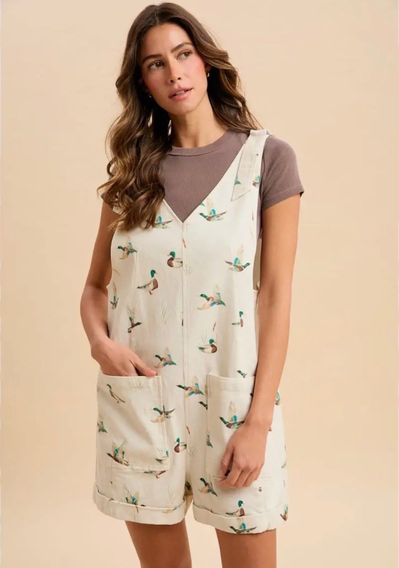 Ivory Mallard Duck Print Cotton Twill Loose Fit Romper Vanilla Monkey