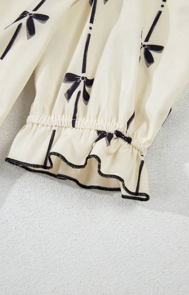 Beige Cute Bowknot Printed Bubble Sleeve V Neck Mink Dress Lovesoft