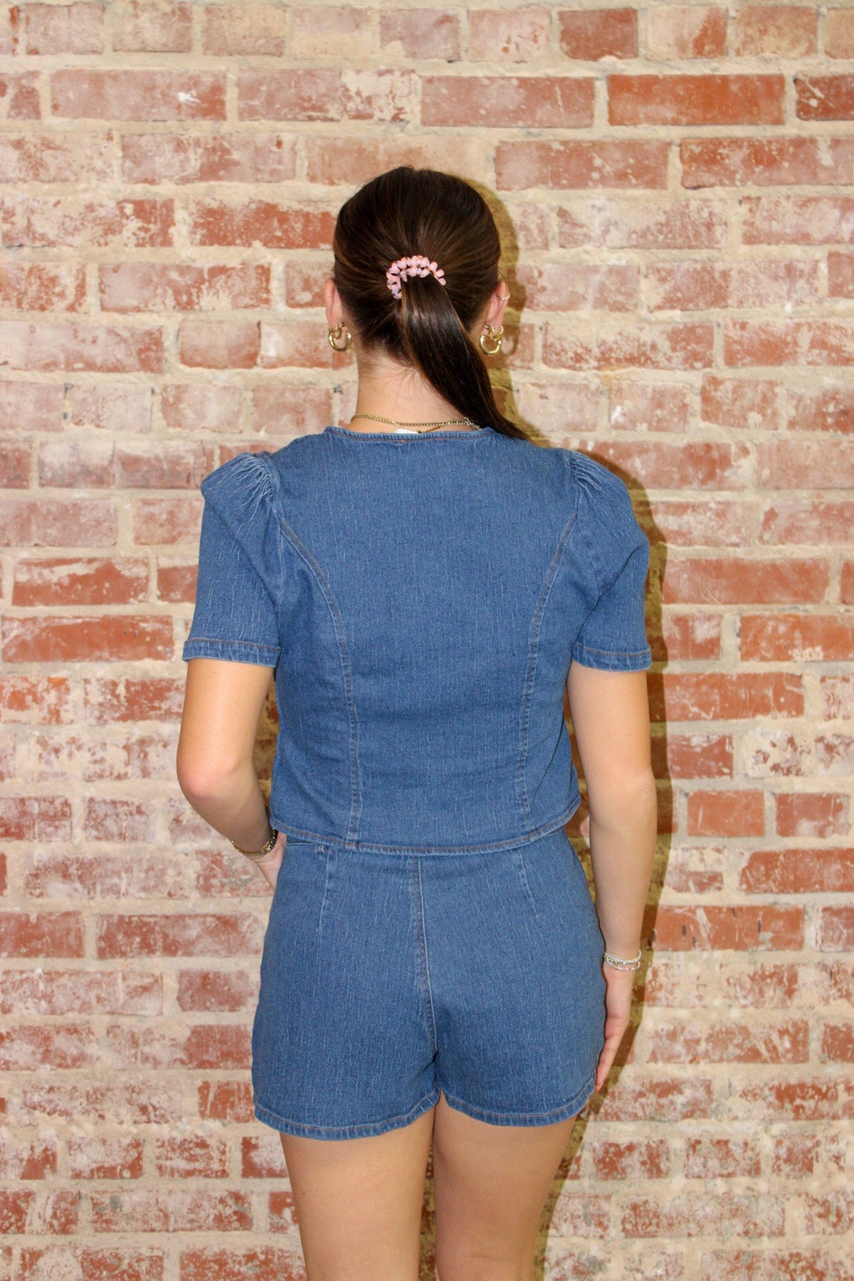 Baby Pink Denim Stretch Button-up Top & Shorts Set BABY PINK