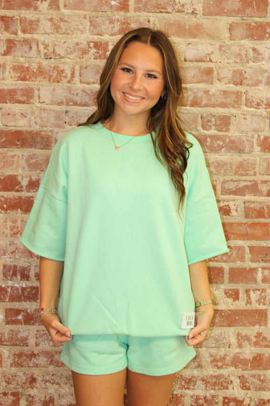 LULU MAC SHORT SLEEVE TERRY CLOTH TOP-SEAFOAM LULU MAC