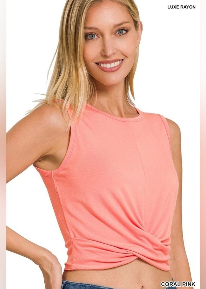 Luxe Rayon Twist Front Sleeveless Crop Top zenana