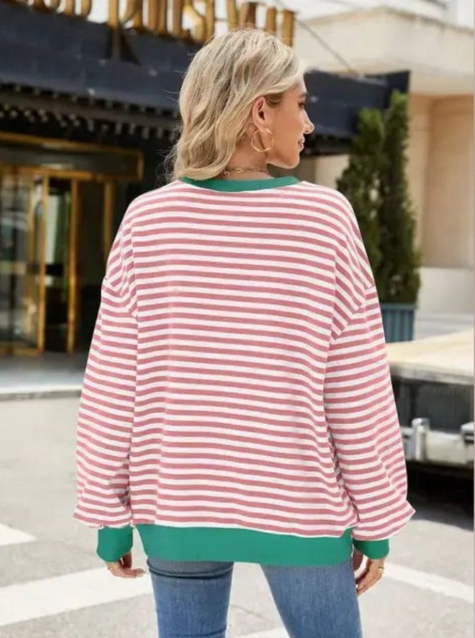 Pink And White Comfortable Crew Neck Striped Color Contrast Pullover Sweatshirt Lovesoft