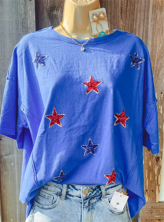 Peach Love California - Blue Star Sequin Embroidery Cut Edge Tee Peach Love California