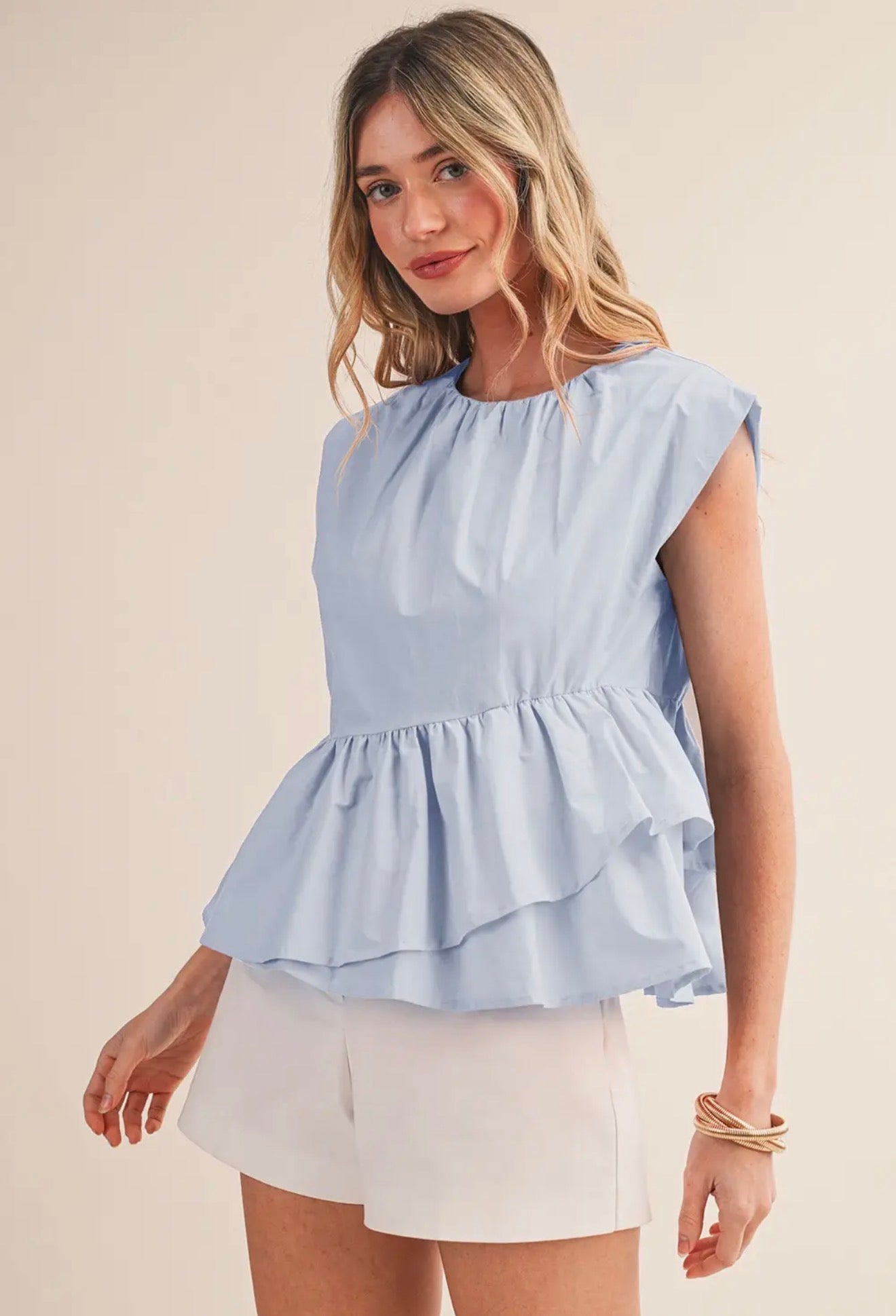 &MERCI SKY BLUE RUFFLED PEPLUM HEM TOP &MERCI