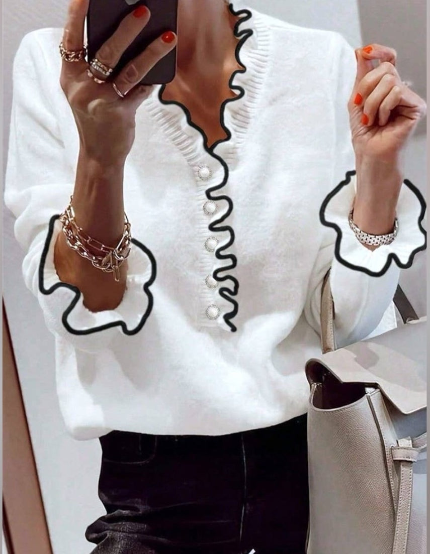 Stylish Contrasting Fungus Trimmed Pearl Button Sweater Rosa Clothing