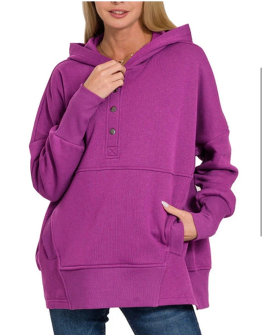 HALF BUTTON FLEECE HOODED PULLOVER zenana