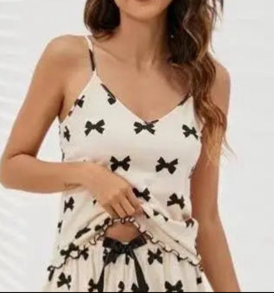 Cream Bow Pajama Tank Top And Cropped Pants Set Miss Sparkling