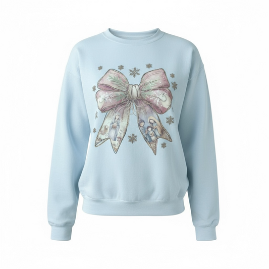 Christmas Bow Birth of Jesus Light Blue Sweatshirt SOUTHERN SUNDROP BOUTIQUE