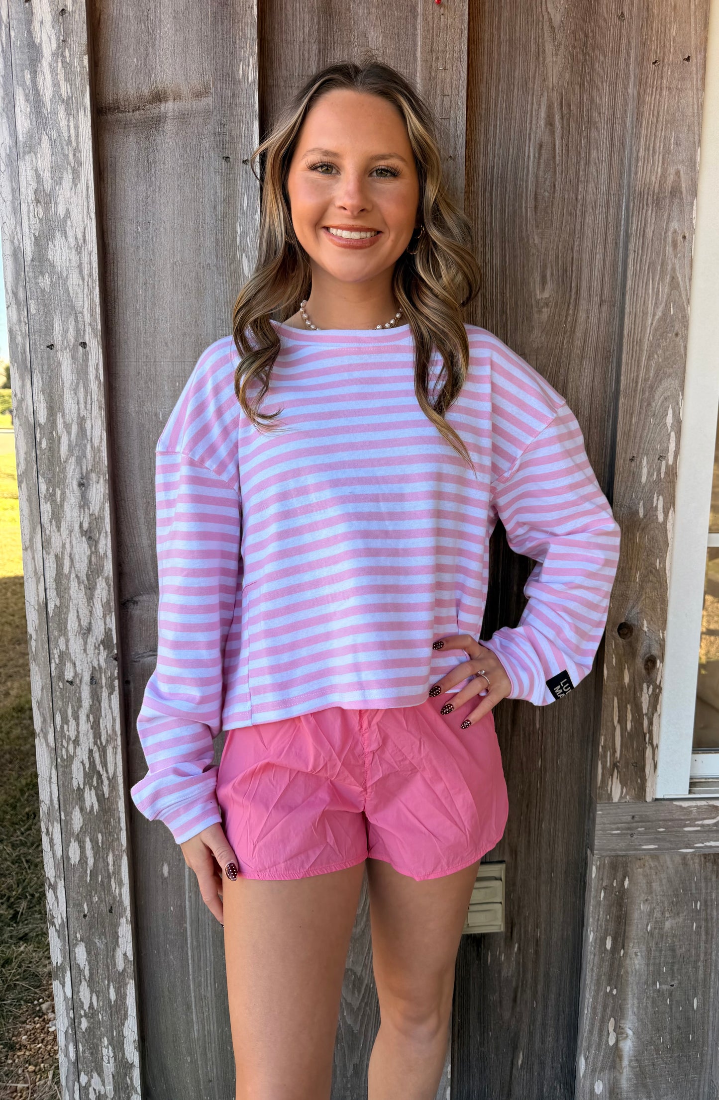 LULU MAC LIGHT PINK STRIPE LONG SLEEVE TOP