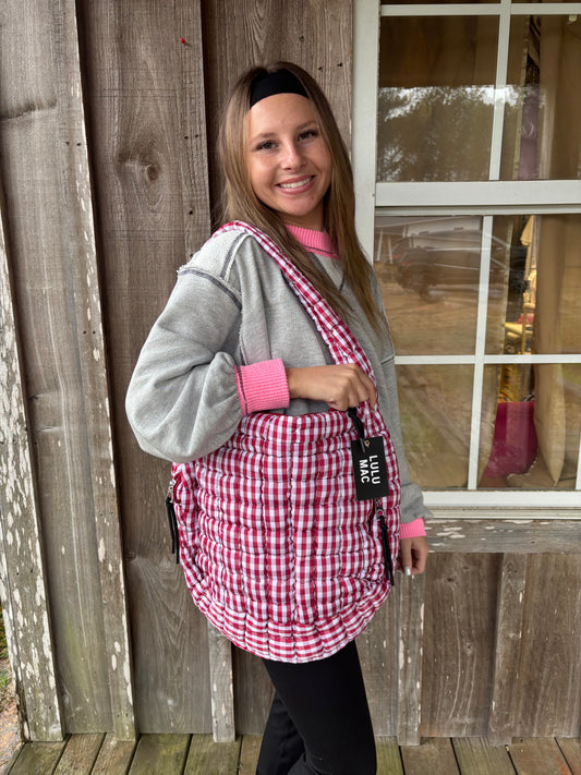 Lulu Mac Red And White Gingham Puffer Quilted Handbag
