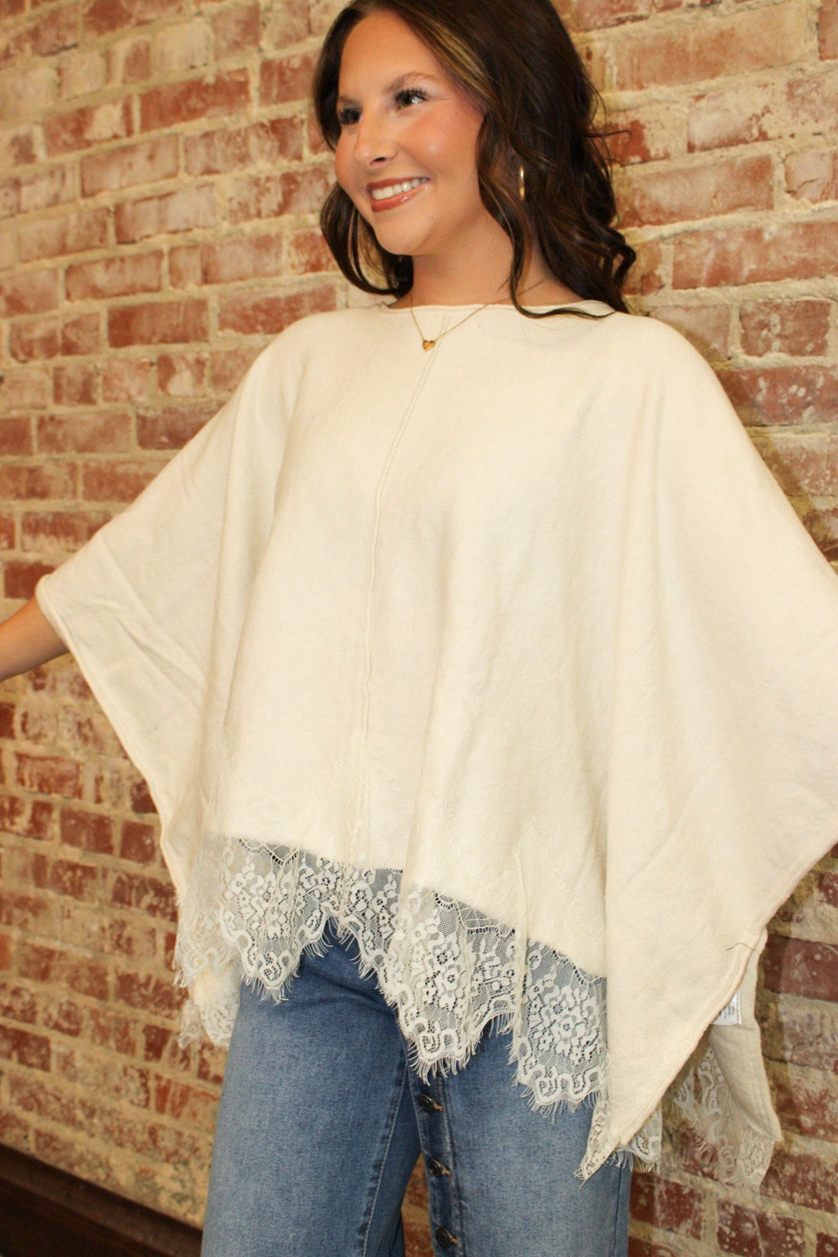Peach Love California Ivory Lace Hem Detailed Knit Pancho Peach Love California