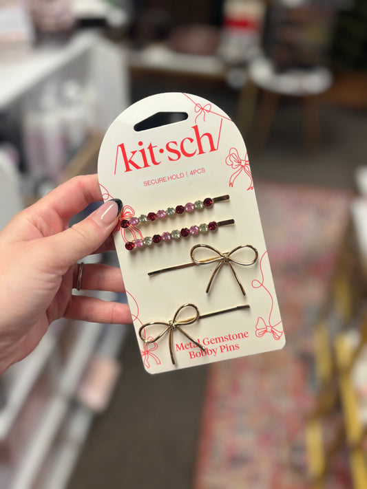 4 Piece Holiday Gemstone and Bow Bobby Pins  Set KITSCH