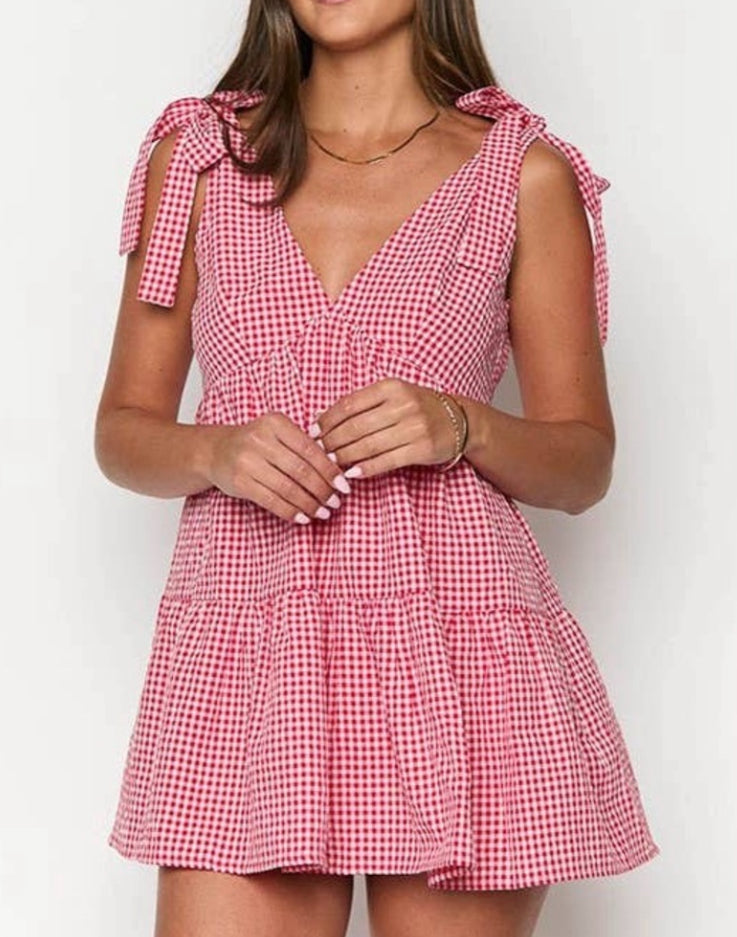Red Plaid Bow-Strap V-Neck Ruffled Mini Dress Rosa Clothing