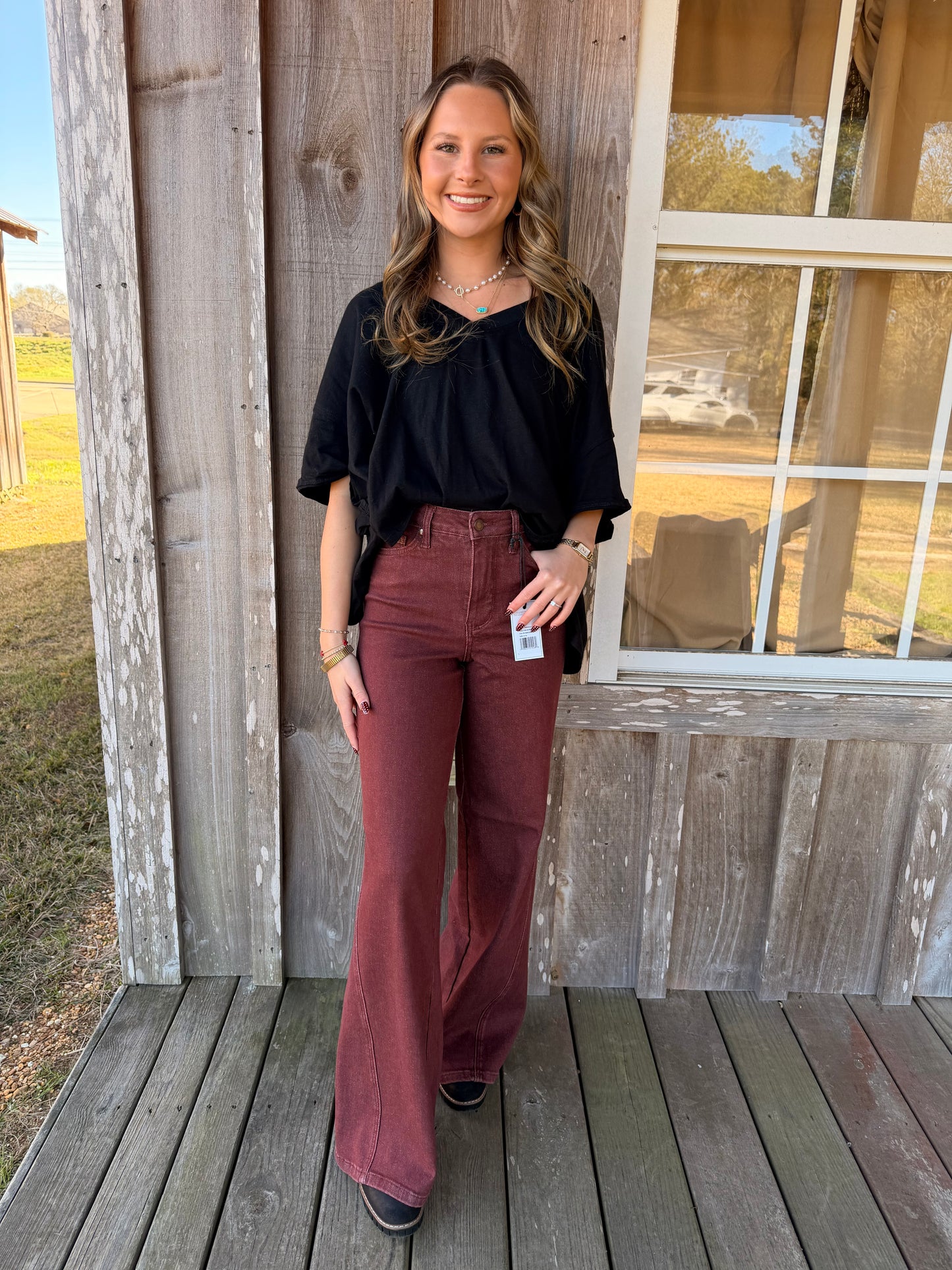 Judy Blue Jeans BURGUNDY High Waist Retro Wide With Twisted Seams Jeans