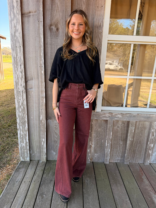 Judy Blue Jeans BURGUNDY High Waist Retro Wide With Twisted Seams Jeans