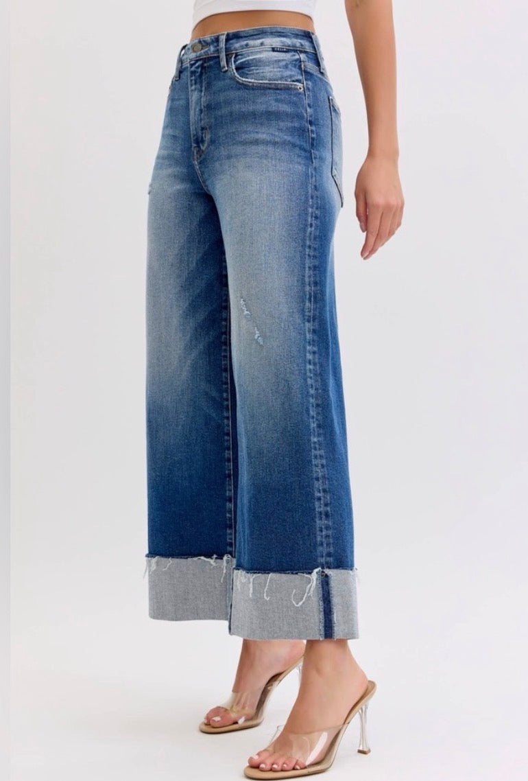 Cello Jeans Medium Wash  High Rise Crop Wide Leg With Cuff Jeans Cello Jeans