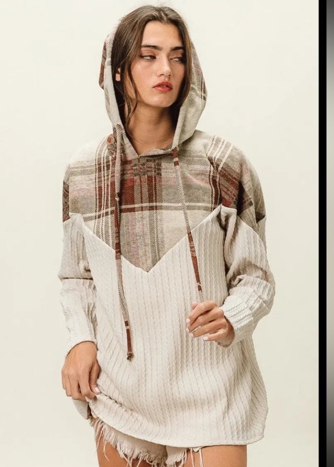 BIBI PLAID BRUSH KNIT CONRAST CABLE KNIT HOODIE BIBI