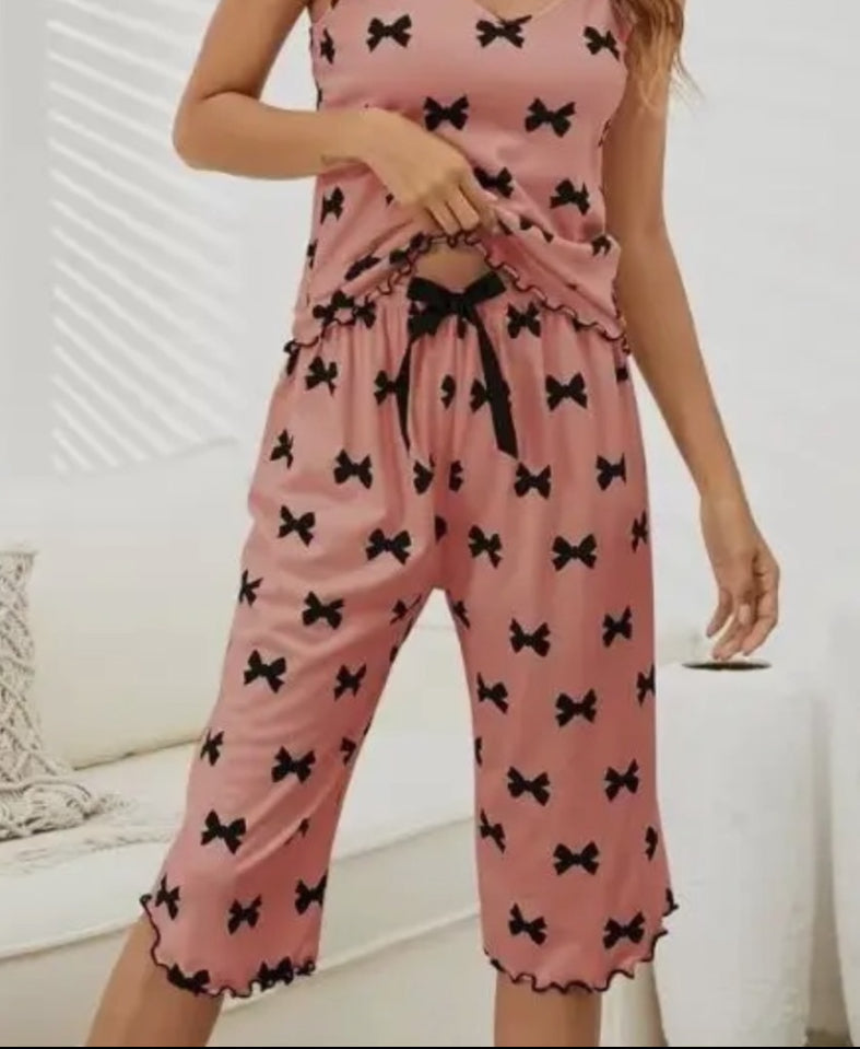 Pink bow Pajama Tank Top And Cropped Pants Set Miss Sparkling