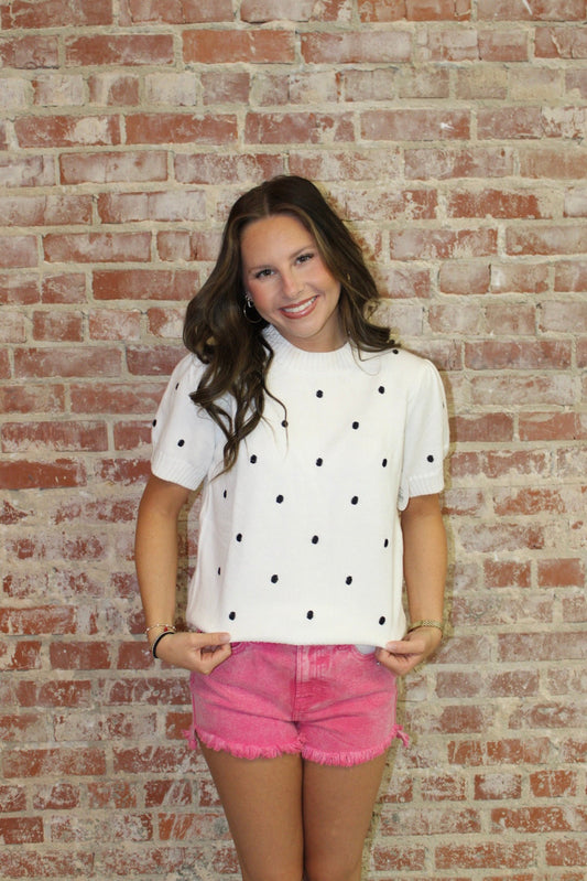 LA Society White Elegant Polka Dot Bubble Short Sleeve Sweater Top LA Society