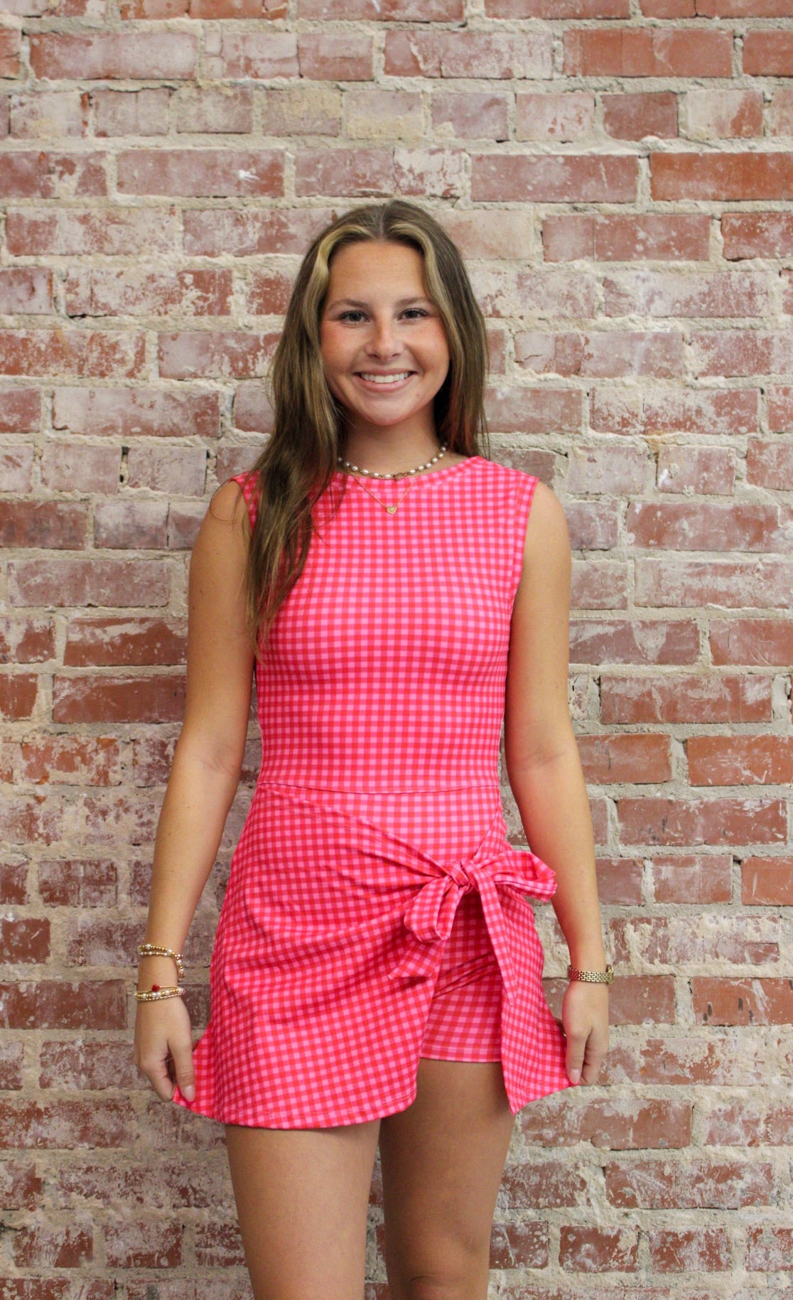 KIMBERLY C Hot Pink Gingham Gingham Print Sleeveless Wrap Tie Front Dress KIMBERLY C