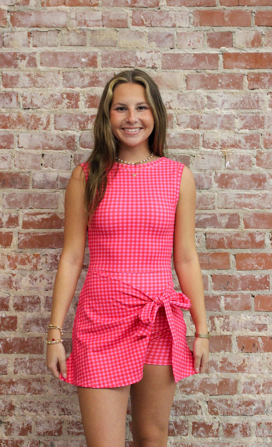 KIMBERLY C Hot Pink Gingham Gingham Print Sleeveless Wrap Tie Front Dress KIMBERLY C